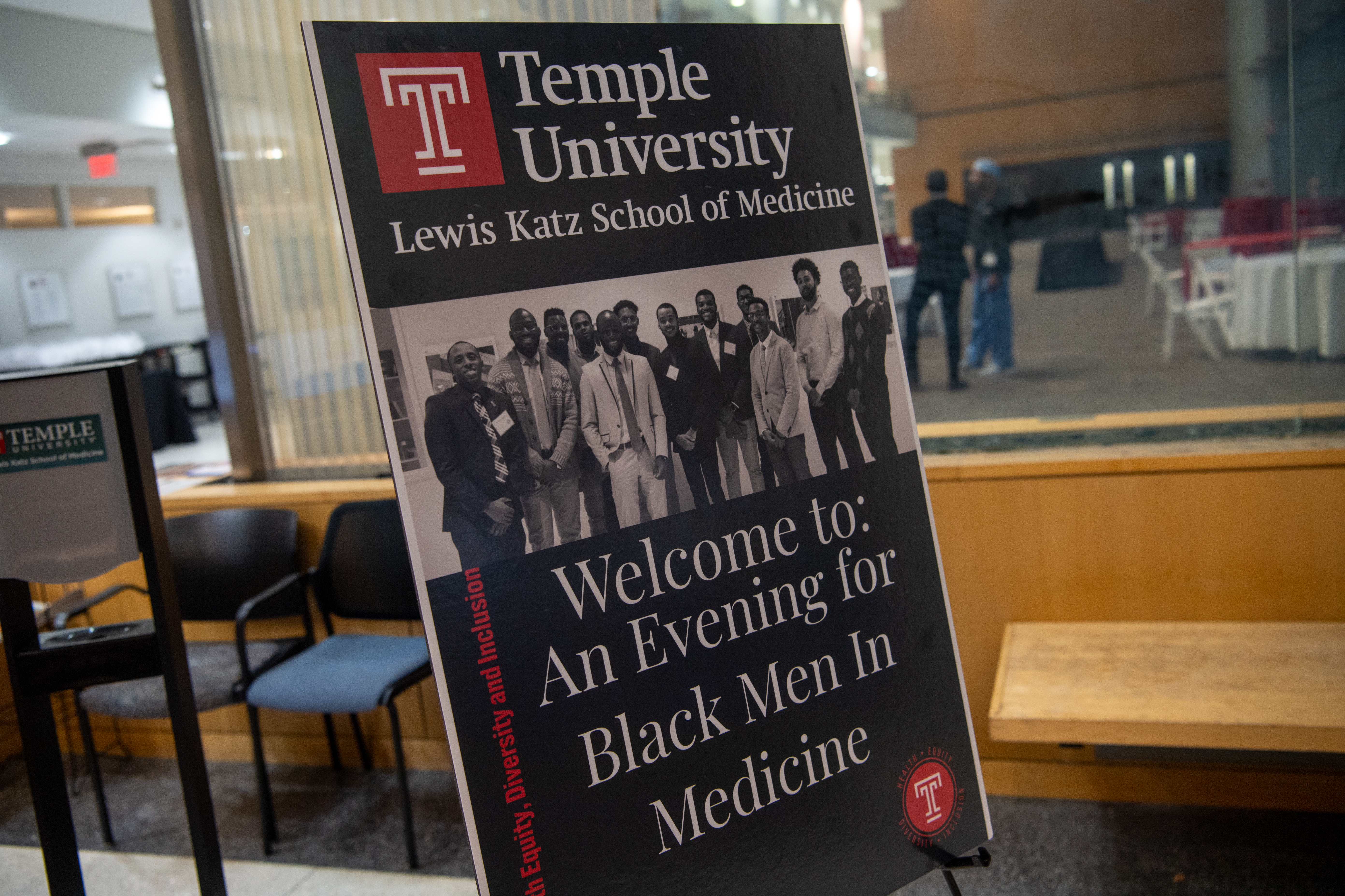 A conference sign signifies the Black Men in Medicine Event