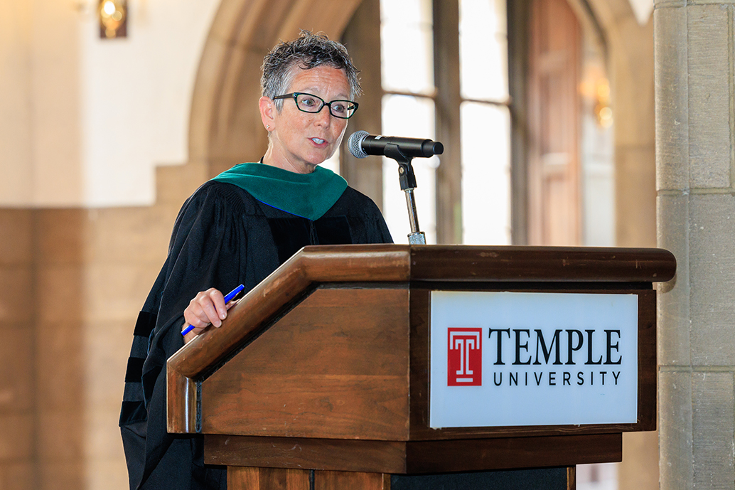 Interim Dean Amy Goldberg, MD, FACS speaking at the graduation podium