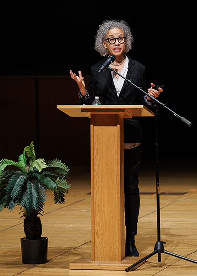 Linda Villarosa speaking at a podium