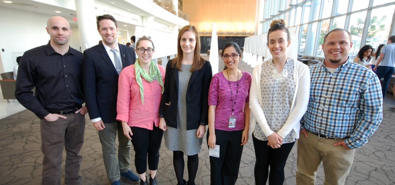 Pictured (left to right): Antonio Di Meco (2nd place oral presentation winner), Jeremy Hill (3rd place oral presentation winner), Lena Lupey-Green (1st place oral presentation winner), Sarah Tursi (Patrick Piggot Travel Award winner), Neeharika Nemani (2nd place poster winner), Meredith Manire (3rd place poster winner) and Timothy Luongo (1st place poster winner). 