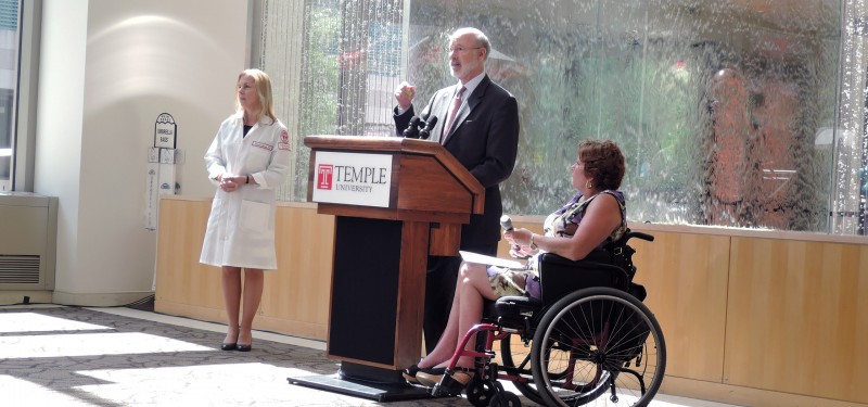 Dr. Unterwald (left), Gov. Wolf, and State Sen. Tartaglione speak at a press conference in the MERB lobby about the vital need for more substance abuse research, such as that conducted at LKSOM.