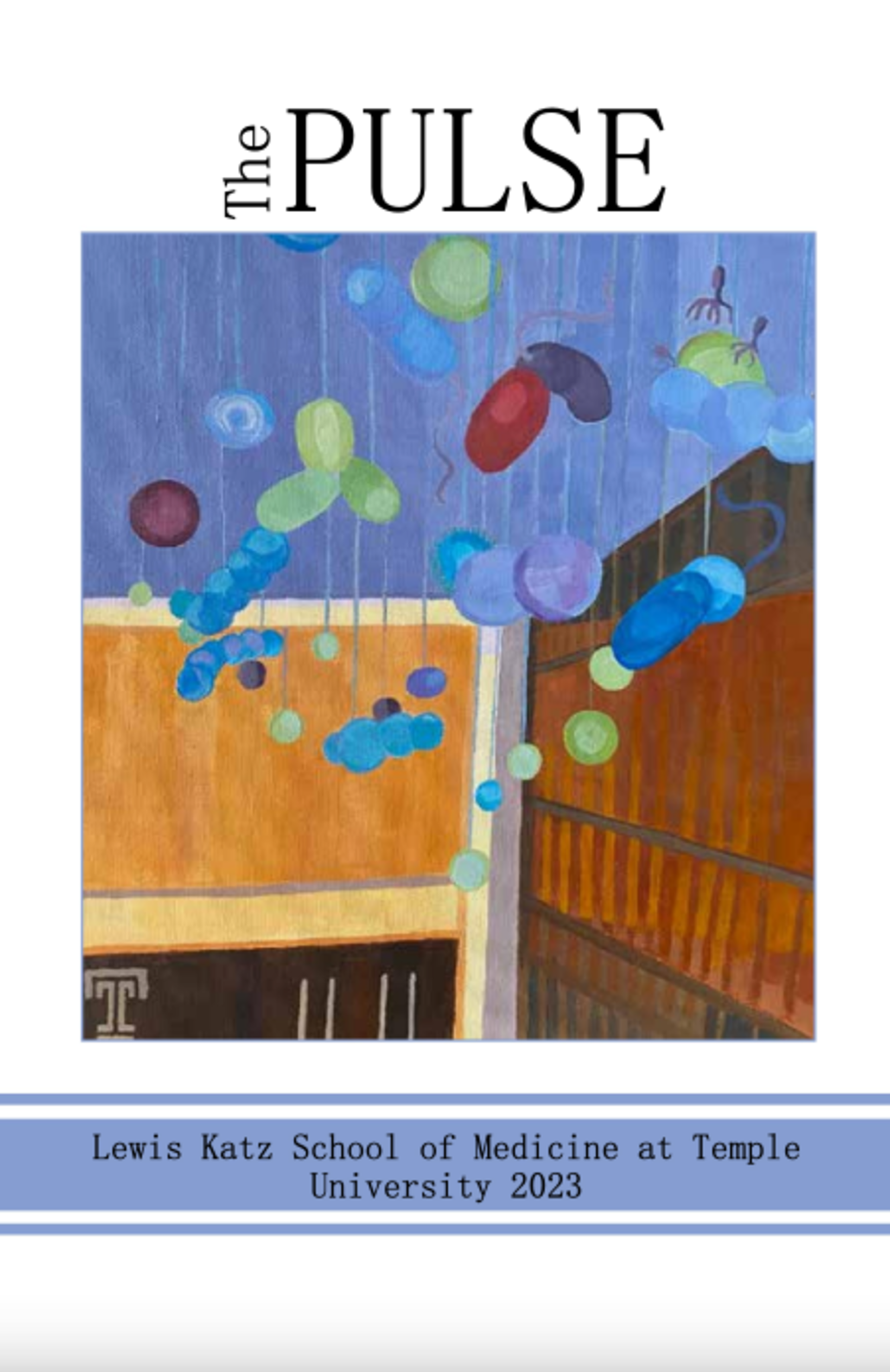 The cover of The Pulse LKSOM 2023 magazine with painting of modules of genes hanging from the ceiling